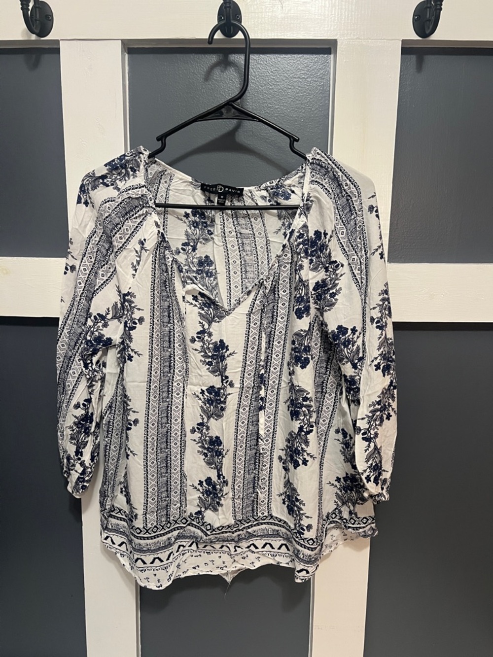 Fred David White Peasant Tunic with Navy Floral Stripe